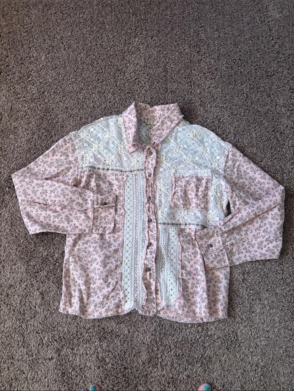 POL Pink Floral Lace-Trim Button-Up Blouse S M